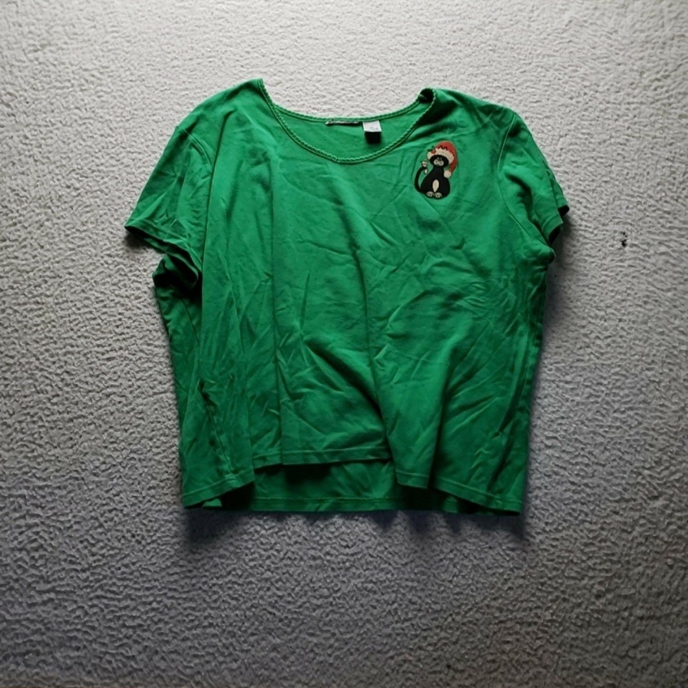 Shirt Womens Plus 2X Green Scoop Neck Short Sleeve Christmas Cat Graphic Top